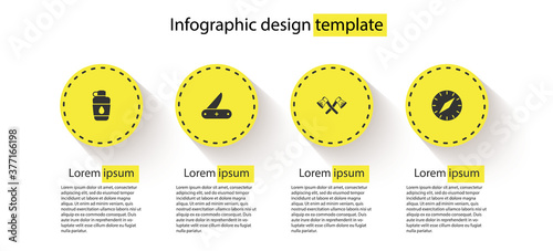 Set Canteen water bottle, Swiss army knife, Crossed wooden axe and Compass. Business infographic template. Vector.
