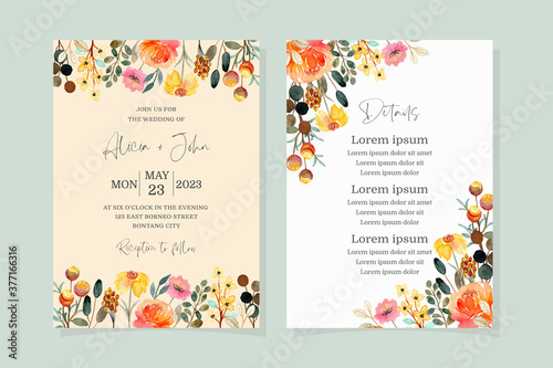 Wedding invitation card with yellow floral watercolor