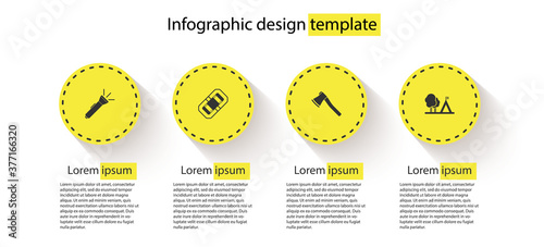 Set Flashlight, Rafting boat, Wooden axe and Tourist tent with flag. Business infographic template. Vector.