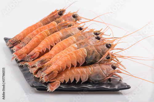 Red-banded lobster photo with white background.