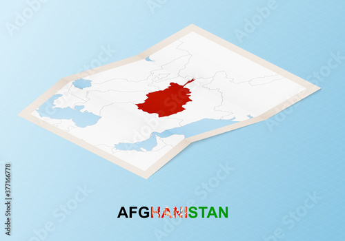 Folded paper map of Afghanistan with neighboring countries in isometric style.