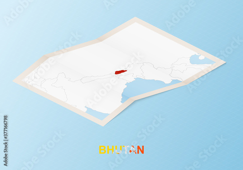 Folded paper map of Bhutan with neighboring countries in isometric style.