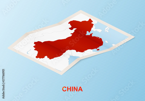 Folded paper map of China with neighboring countries in isometric style.
