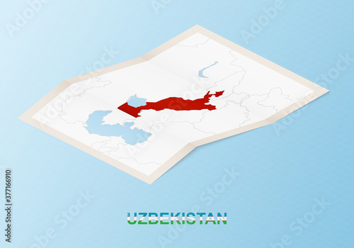 Folded paper map of Uzbekistan with neighboring countries in isometric style.