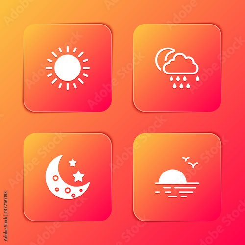 Set Sun, Cloud with rain and moon, Moon stars and Sunset icon. Vector.