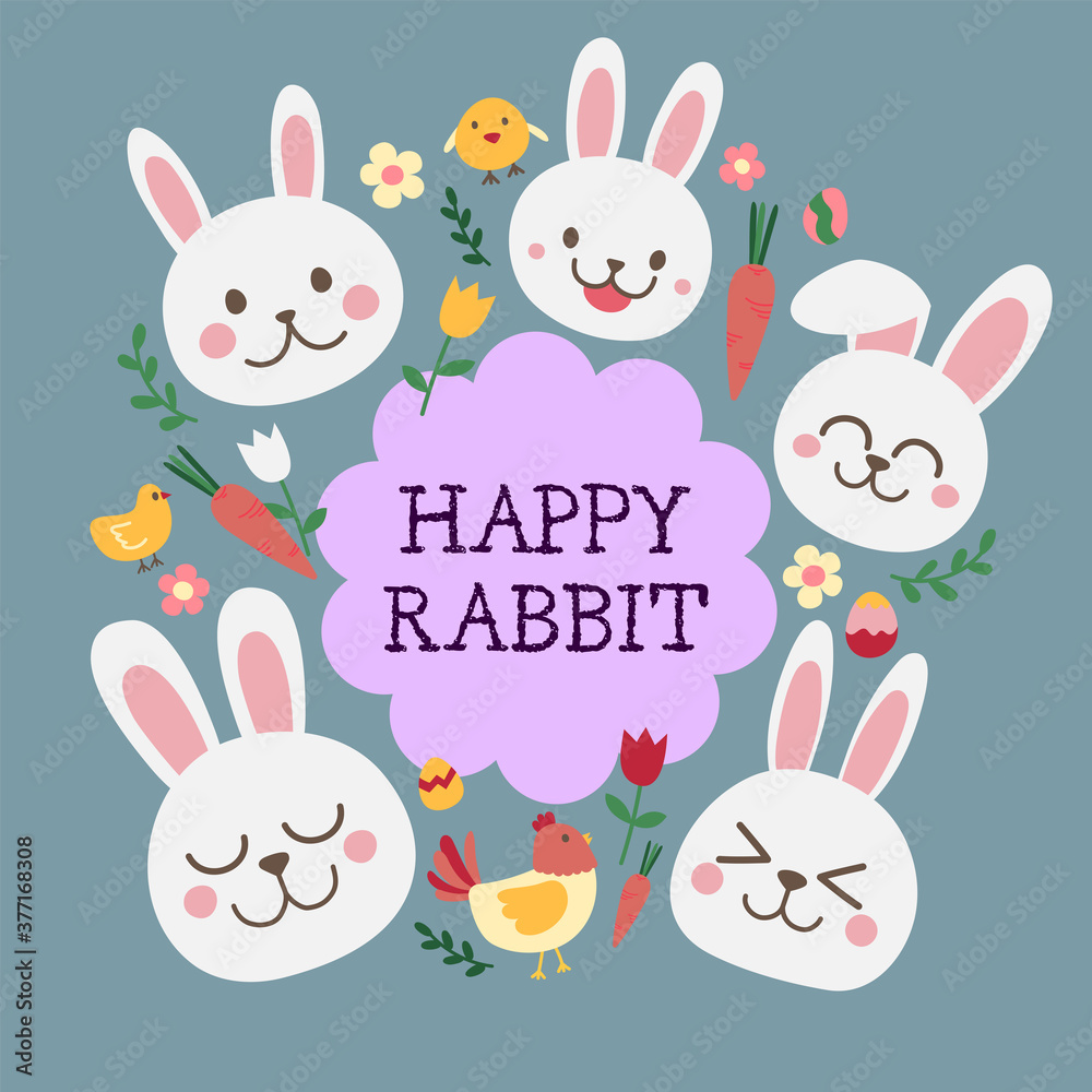 Happy Rabbit Face with Flowers, Little Chick and Carrots in Easter Day
