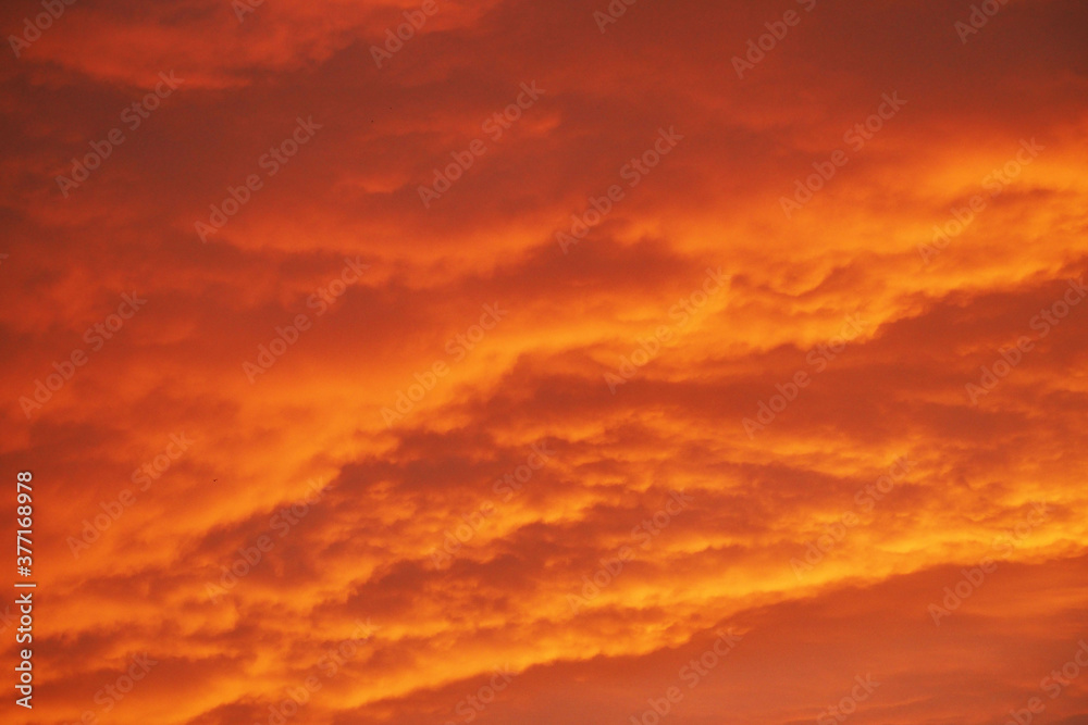 red sunset with clouds in the evening . sky background in red and orange colors