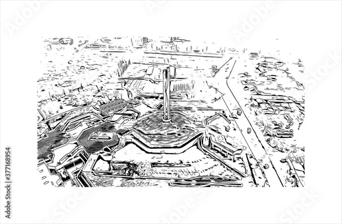 Building view with landmark of Bahir Dar is the capital city of the Amhara region in northern Ethiopia. Hand drawn sketch illustration in vector.