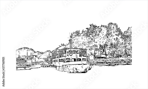 Building view with landmark of Bahir Dar is the capital city of the Amhara region in northern Ethiopia. Hand drawn sketch illustration in vector.