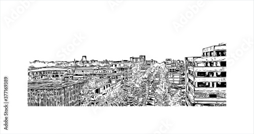 Building view with landmark of Bahir Dar is the capital city of the Amhara region in northern Ethiopia. Hand drawn sketch illustration in vector.