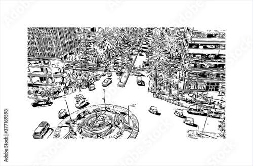Building view with landmark of Bahir Dar is the capital city of the Amhara region in northern Ethiopia. Hand drawn sketch illustration in vector.