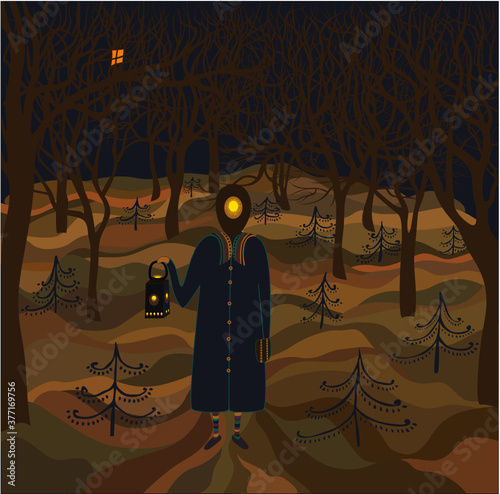 a mysterious creature wanders through the woods with a lantern in striped socks.