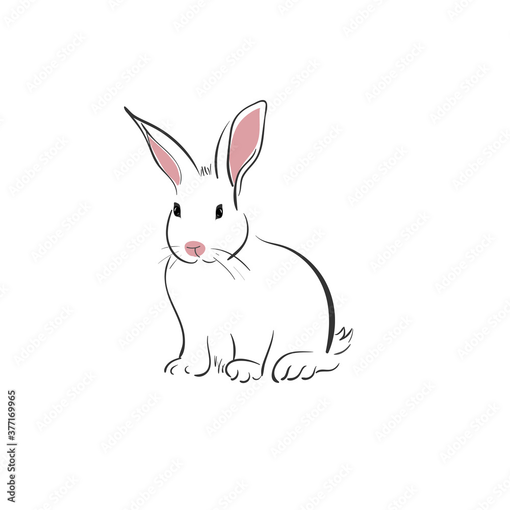 Obraz premium White rabbit in japanese style on a white background. Bunny in simple style. Animal sketch.