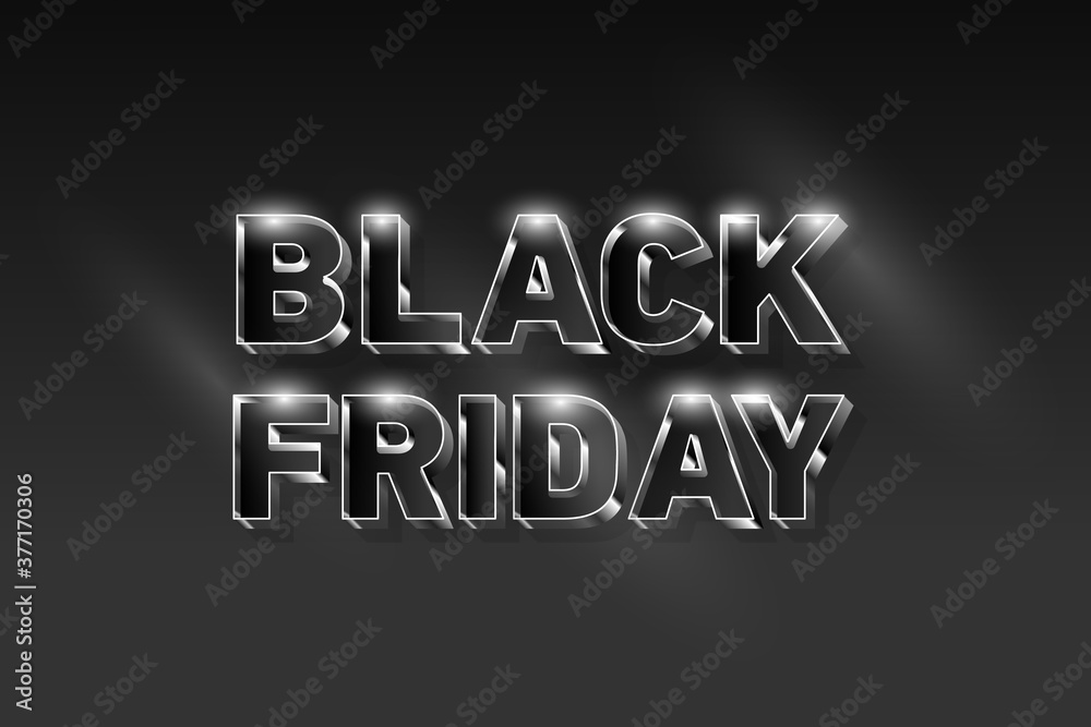 Black Friday sale background with metallic black letters on a dark background . Shiny 3D three-dimensional letters. Modern design.Universal vector background for posters, banners, flyers, postcards.