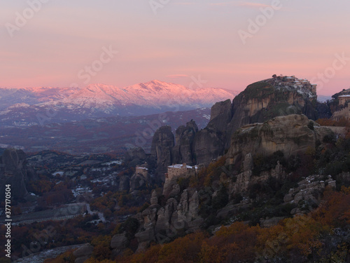 Autumn dawn in Meteora: mountains, valleys and famous monasteries. Greece.