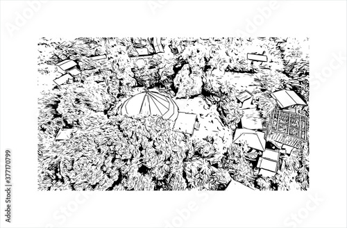 Building view with landmark of Bahir Dar is the capital city of the Amhara region in northern Ethiopia. Hand drawn sketch illustration in vector.