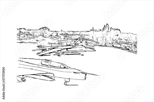 Building view with landmark of Bahir Dar is the capital city of the Amhara region in northern Ethiopia. Hand drawn sketch illustration in vector.