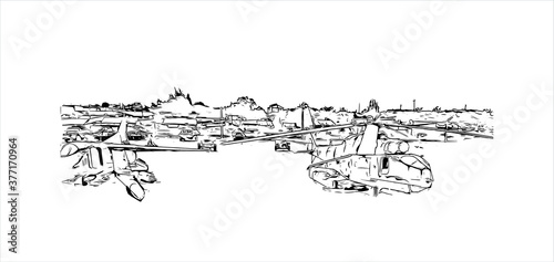 Building view with landmark of Bahir Dar is the capital city of the Amhara region in northern Ethiopia. Hand drawn sketch illustration in vector.