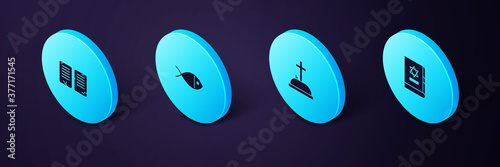 Set Isometric Jewish torah book, Tombstone with cross, Christian fish and The commandments icon. Vector.