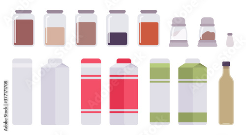 Milk, dairy product packaging template, oil and spice glass bottle. Various kitchen cabinets, pantry box for household, food marketing storing. Vector flat style cartoon illustration, different views