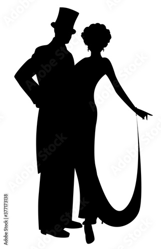 Elegant silhouettes of couple wearing retro style party clothes. Man in top hat and lady with long dress, isolated on white background.