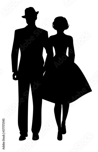 Silhouette of couple walking, wearing retro style clothes, isolated on white background