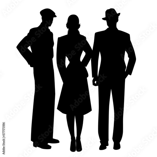 Elegant silhouettes of three, two men and woman, wearing retro style clothes isolated on white background.