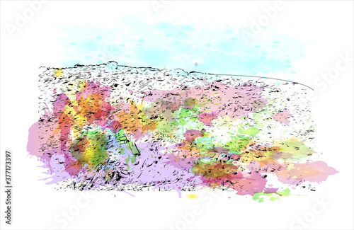 Building view with landmark of Bahir Dar is the capital city of the Amhara region in northern Ethiopia. Watercolor splash with hand drawn sketch illustration in vector.