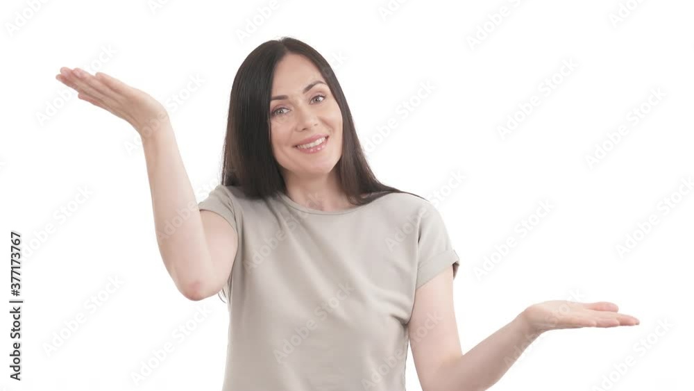 Portrait of Caucasian woman in rotation raising one hand and another and choosing the best option. Isolated on white background Portrait of Caucasian woman in rotation raising one hand and another and choosing the best option. Isolated on white background