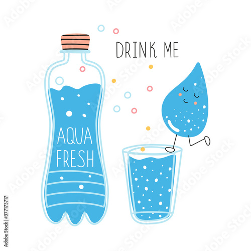 A bottle of drinking water and a glass of clean water. Cartoon Concept of drinking more water. Use of drinking water. Vector illustration isolated on a white background