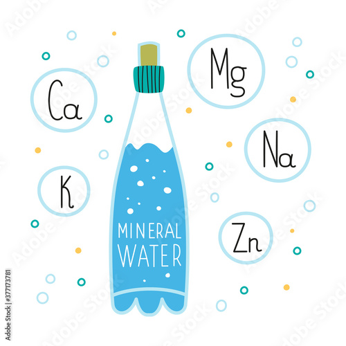 A bottle of mineral water on the background of bubbles and chemical elements. The concept of drinking more water. Vector illustration isolated on a white background