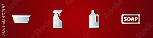 Set Plastic basin, Spray bottle with detergent liquid, Fabric softener and Bar soap icon. Vector.