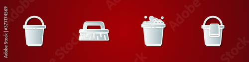Set Bucket, Brush for cleaning, with soap suds and rag icon. Vector.
