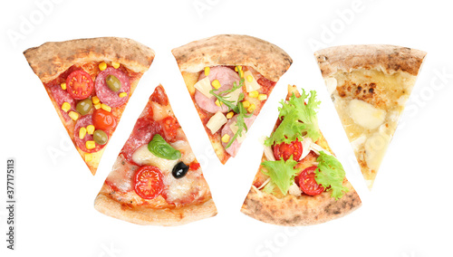 Set with pieces of different pizzas on white background, top view