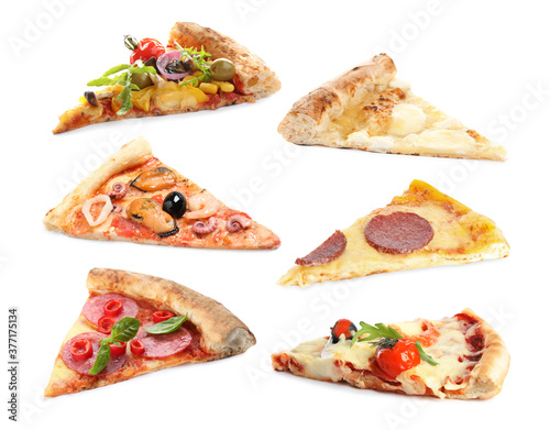 Set with pieces of different pizzas on white background
