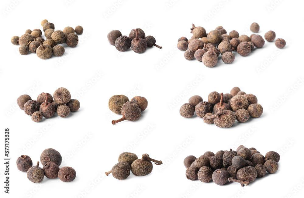 Fototapeta premium Collage with heaps of peppercorns on white background
