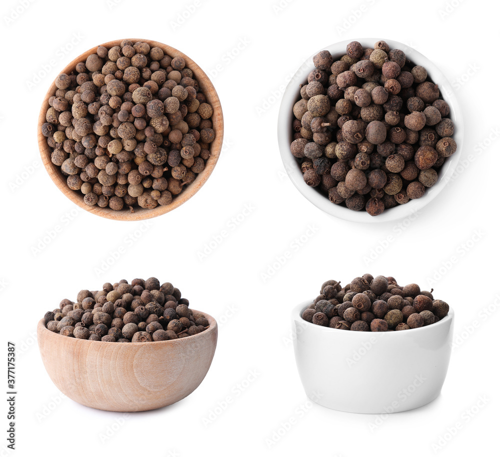 Collage with allspice pepper in bowls on white background Collage with allspice pepper in bowls on white background