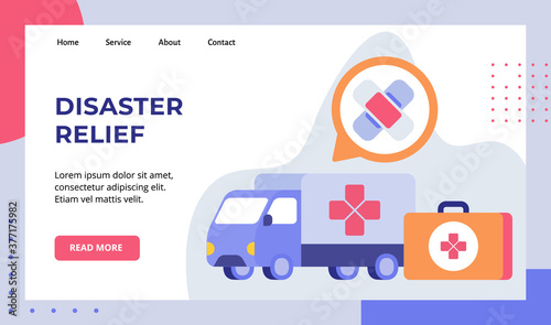 Disaster relief truck van carry medical device campaign for web website home homepage landing page template banner with modern flat style