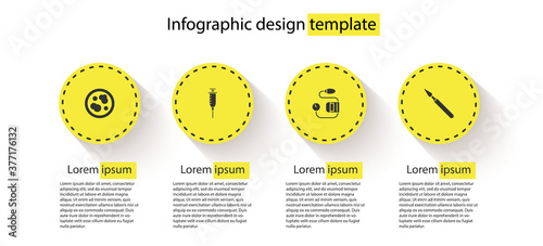 Set Petri dish with bacteria, Syringe, Blood pressure and Medical surgery scalpel. Business infographic template. Vector.