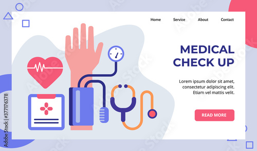 Medical check up ecg tensimeter stethoscope campaign for web website home homepage landing page template banner with modern flat style.