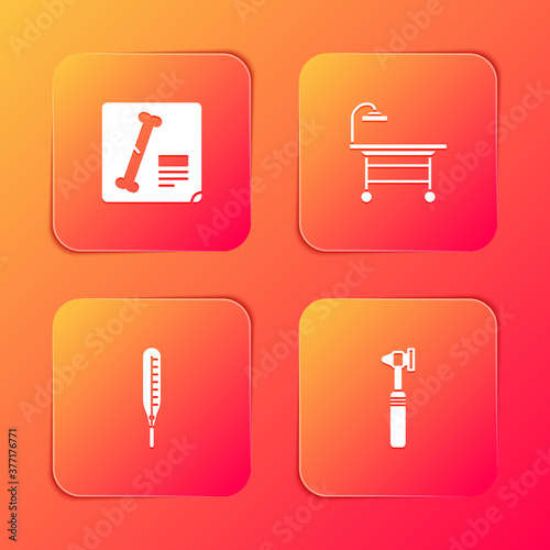 Set X-ray shots, Operating table, Medical thermometer and otoscope tool icon. Vector.