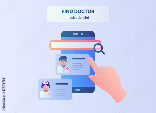 Find doctor finger choose doctor touchscreen smartphone screen with flat cartoon style