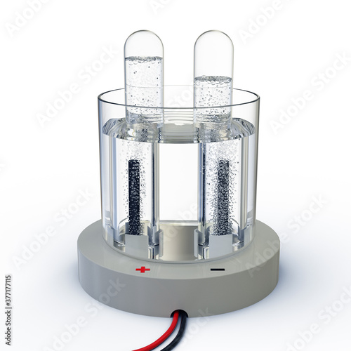 Fotografía Electrolysis of water showing gas bubbles liberated from the electrodes, isolated on white background