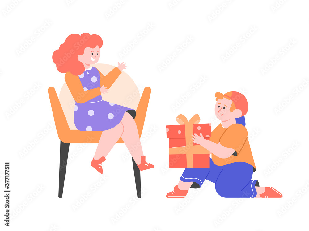 The boy gives the girl a gift. School children and friendship. Lovely characters. Vector flat illustration. The boy gives the girl a gift. School children and friendship. Lovely characters. Vector flat illustration.