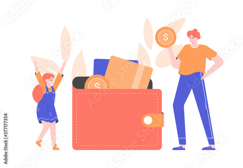 Teaching children financial literacy. A little school-age girl and dad are standing near a large wallet with money and bank cards. Saving in the family. Vector flat illustration