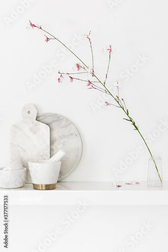 Kitchen shelving with marble kitchewares