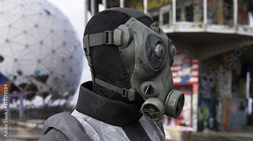 post-apocalyptic gas mask man in destructed city, 3D illustration concept