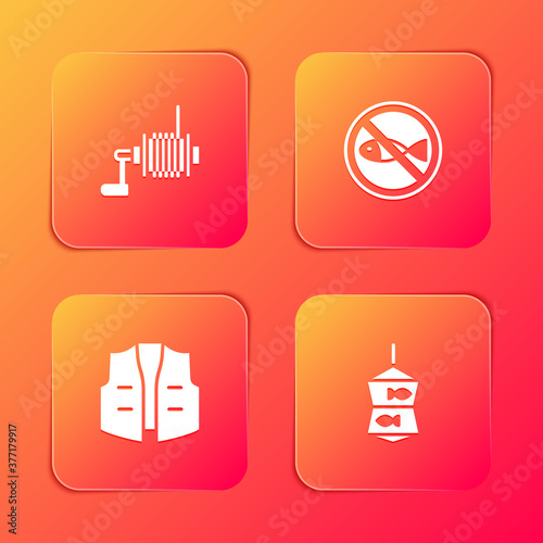 Set Spinning reel for fishing, No, Fishing jacket and net with icon. Vector.