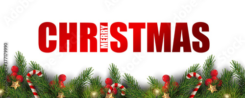 Merry Christmas and Happy New Year. Christmas banner design of tree branches with berries, gold stars, candy canes and decorated in white background. 