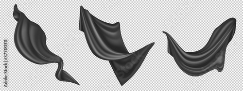 Flying black silk fabric isolated on white background. Vector realistic set of billowing velvet clothes, curtains or scarf in blowing wind. Luxury black textile drapery, flowing satin tissue